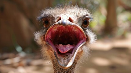 closeup of an ostrich open the mouth.