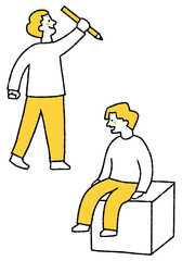 Man holding large pencil and sitting on chair