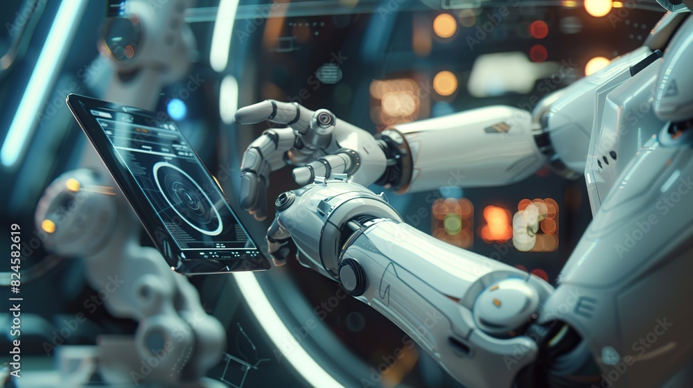 Aufkleber engineer is holding a tablet in front of a robot to check in modern industry