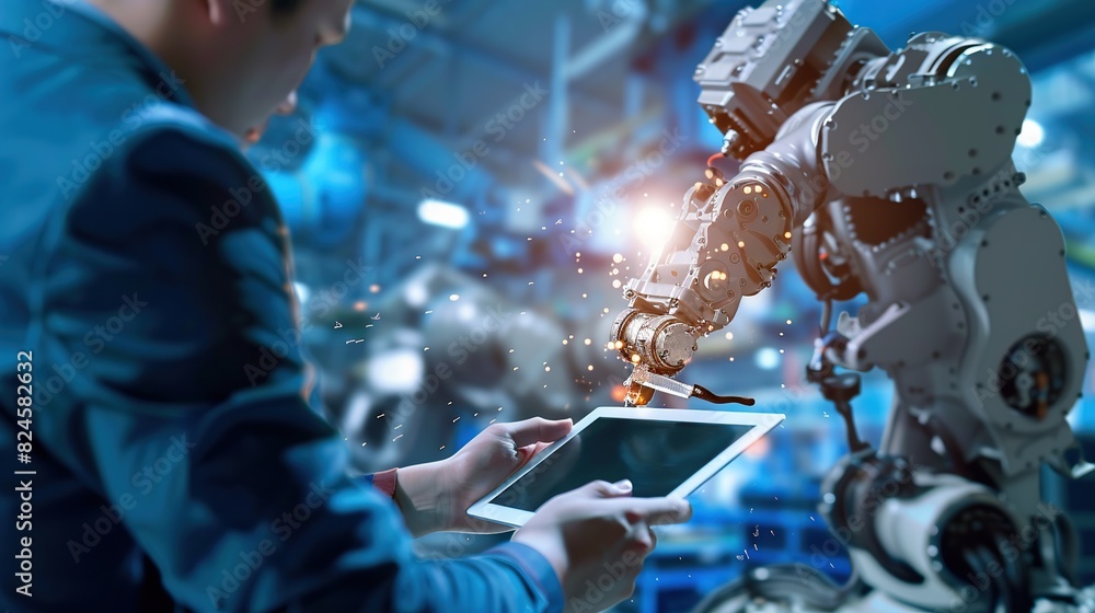 Aufkleber engineer is holding a tablet in front of a robot to check in modern industry
