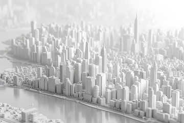 A highly detailed 3D model of a cityscape in pristine white, showcasing buildings, streets, and infrastructure with intricate precision.