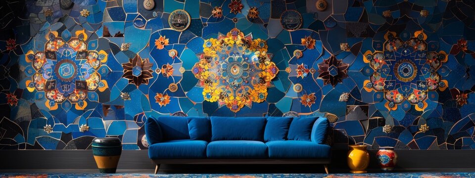 Fototapeta Cultural fusion as traditional arab patterns merge with contemporary design, creating a stunning visual representation of the past and present. blue styl