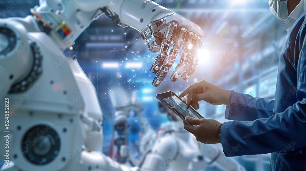 Poster engineer is holding a tablet in front of a robot to check in modern industry