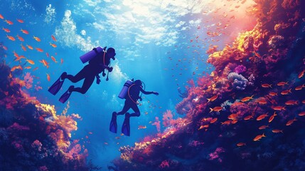 Two divers exploring a vibrant underwater world filled with colorful coral reefs and tropical fish in clear blue waters during a sunny day.