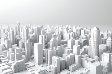 A highly detailed 3D model of a cityscape in pristine white, showcasing buildings, streets, and infrastructure with intricate precision