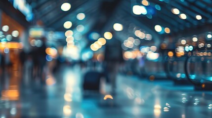 Blurry image of a busy airport with people walking around and carrying luggage.