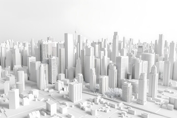 A highly detailed 3D model of a cityscape in pristine white, showcasing buildings, streets, and infrastructure with intricate precision
