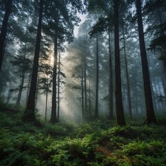 A forest covered in morning mist.

