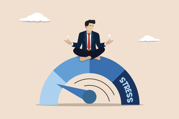 Stress test, employee relaxing without psychological pressure or rest time, mind calming concept, businessman sitting in lotus yoga pose on measuring scale.