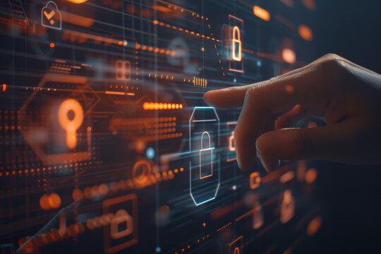Hand pointing to glowing digital lock on cloud interface emphasizes data security measures