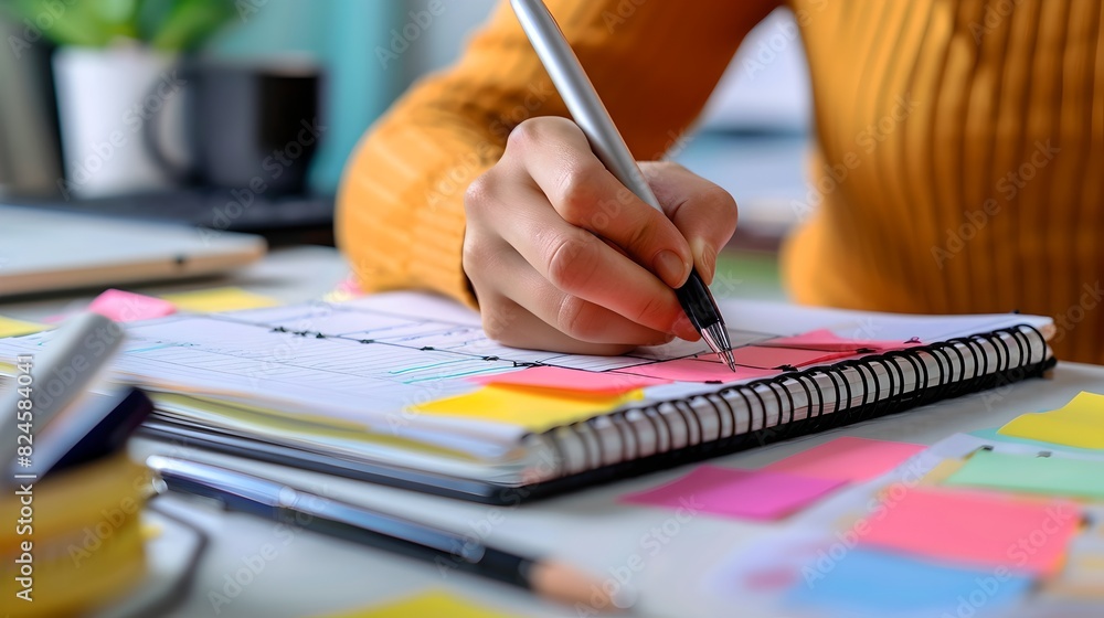 Poster hand writing in a notebook with colorful sticky notes. the work desk looks organized and creative. p