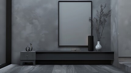 Grey Gallery Room Interior with Drawer and Decorative Items

