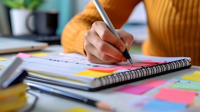 Hand writing in a notebook with colorful sticky notes. The work desk looks organized and creative. Perfect for productivity concepts. AI