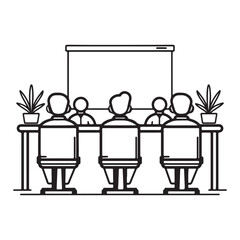 Conference board room, black vector line art icon design on white background