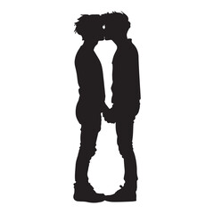 Simple silhouette of hands holding and kissing couple, black vector illustration on white background