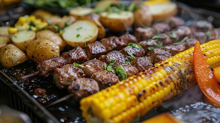Grilled meat with corn, and potatoes with delicious spices for dinner