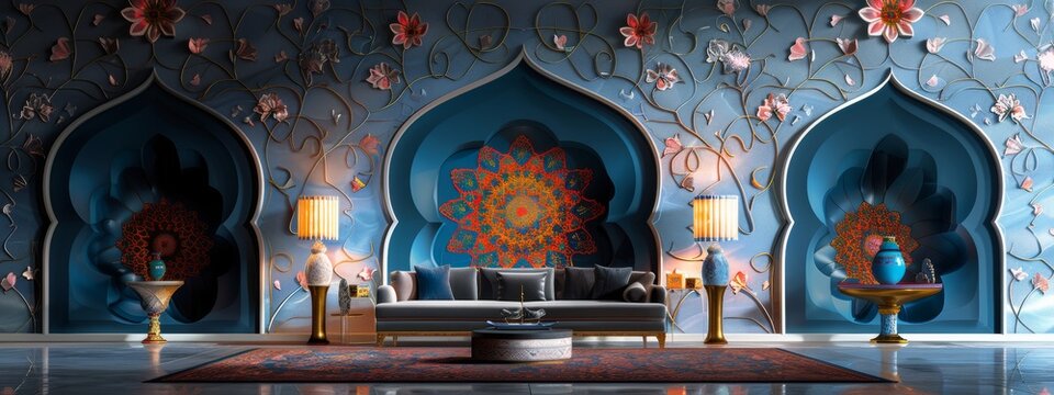 Fototapeta Cultural fusion as traditional arab patterns merge with contemporary design, creating a stunning visual representation of the past and present. blue styl