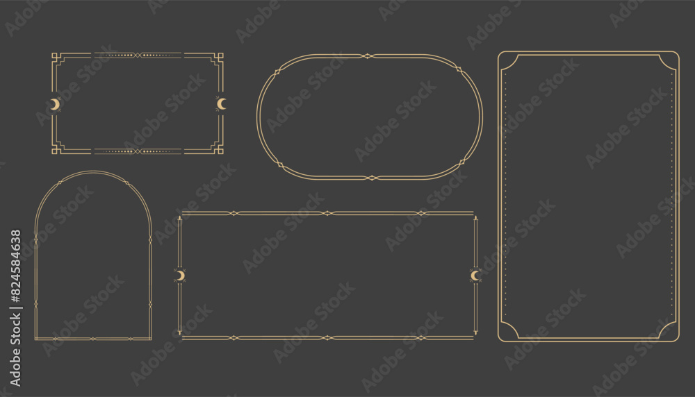 Wall mural golden celestial minimal esoteric frame, thin line border, mystyc linear decoration with dots, moon,