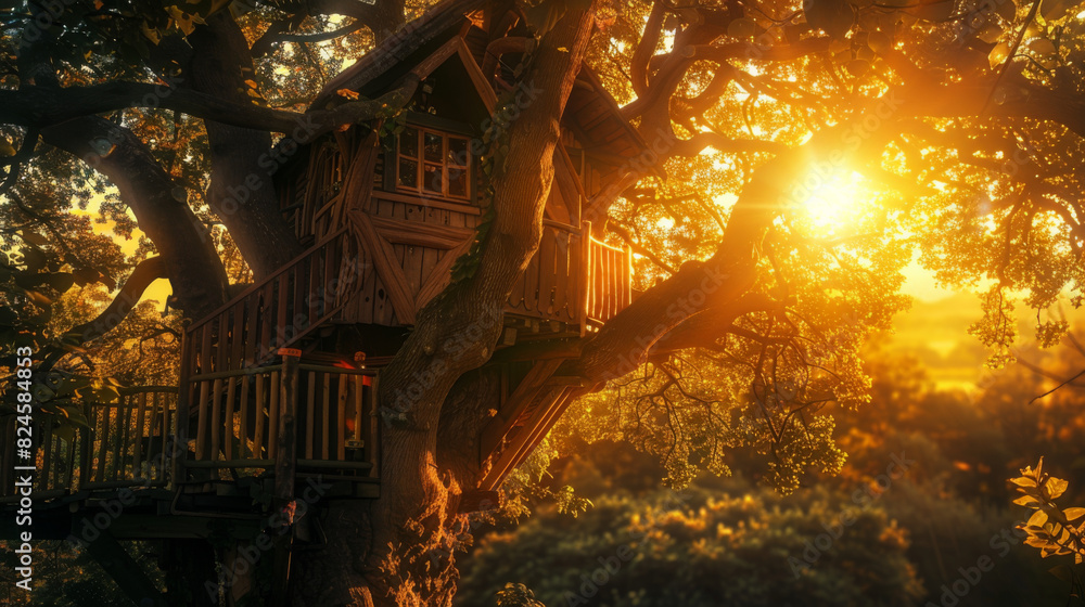 Poster A tree house is nestled in the branches of a large tree