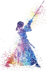 Obraz premium A woman in a colorful kimono is holding a sword and appears to be in motion