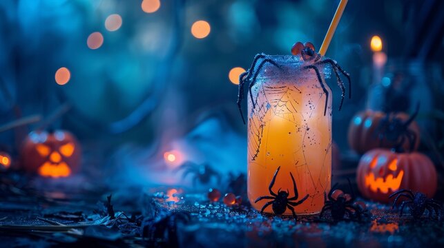 Creepy Halloween drink in a glass jar, with gummy spiders and a glowing straw, eerie lighting