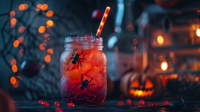 Creepy Halloween drink in a glass jar, with gummy spiders and a glowing straw, eerie lighting
