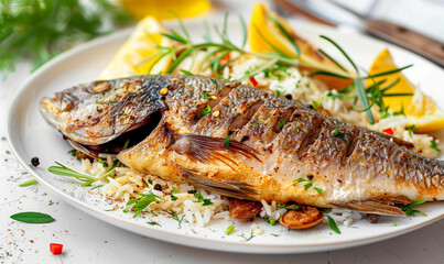 Fresh and Tasty: Fried Sea Fish with Rice and Herbs
