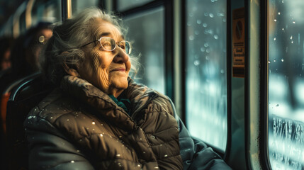 Fototapeta premium Aged woman sitting in the modern train