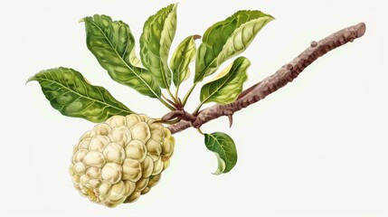 A custard apple isolated against a transparent background, with an old botanical illustration
