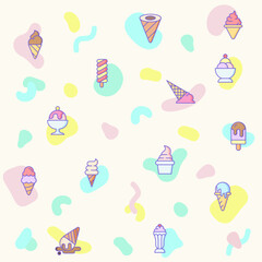 Vector illustration of a cute Ice cream and popsicle. Collection of dessert, cone, waffle, vanilla, yammy, soft, stick, scoop and other elements. Isolated on beige.
