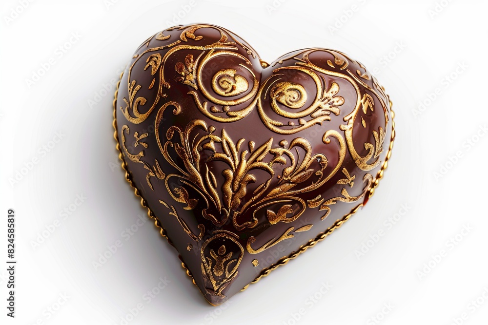 Poster heart-shaped chocolate box with gold decorative pattern on a white background. generative ai