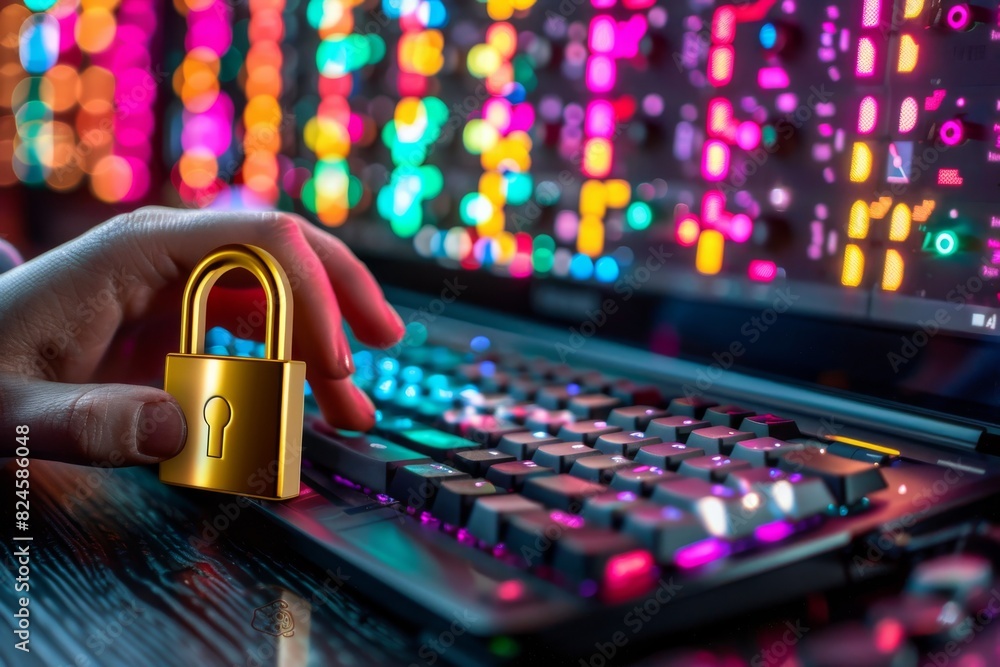 Poster hand inserting digital padlock key on keyboard symbolizes secure data access in technology