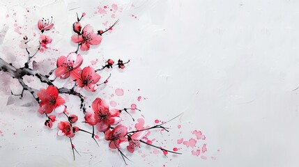 Pink cherry blossoms blooming on a stalk isolated on a white background