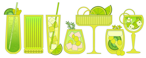 Green cocktails set. Soft drinks with ice cubes, lime, kiwi, grapes. Margarita cocktail. Smoothie. Alcohol drink for bar. Non-alcoholic beverage. Flat vector illustration with outline, gradient