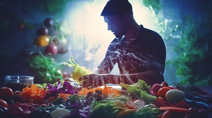 A chef is surrounded by a variety of fresh vegetables. He is holding a large knife and is ready to start chopping.