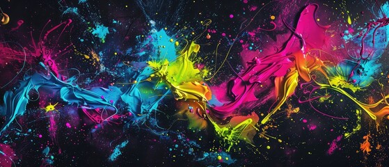A dynamic abstract background featuring splashes of neon colors on a dark canvas. Electric blues, hot pinks, and lime greens create a pulsating effect.