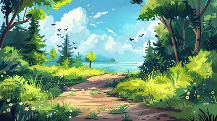 Beautiful view with big trees, the sky is blue and cloudy illustration