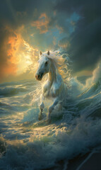 there is a white horse running through the water on a cloudy day