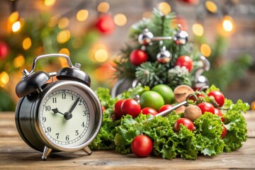alarm clock with workout planing for dieting. Sport exercise equipment workout andÂ gym nutrition fresh salad for fitness. Merry Christmas and Happy new year concept