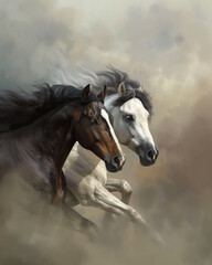 there are two horses running in the air with a cloudy sky