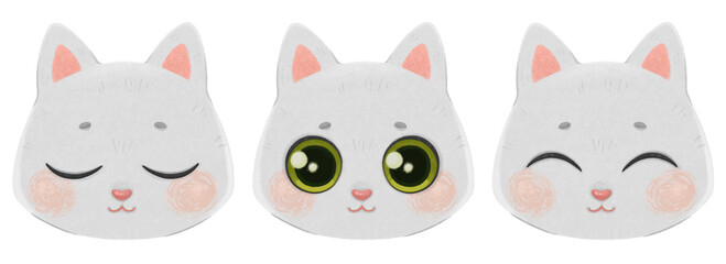 Fototapeta premium White Cat Head. Set of cute kitten portrait. Character emotions, frames for animation.
