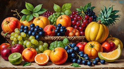 still life of ripe fruits on the table.fruit background painted in oil