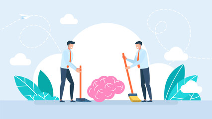 The human brain gets rid of bad thoughts. Two men sweep the brain into a scoop. Clean mind. Suitable for business, web, health, and cleaning. Vector illustration