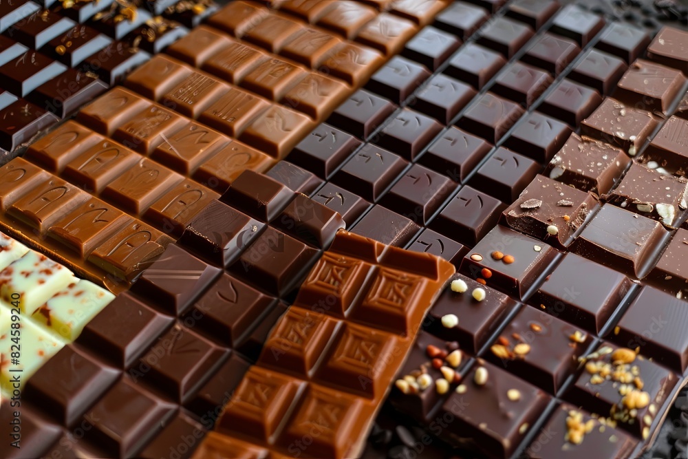 Poster a detailed close-up of a variety of chocolate bars with rich colors, neatly arranged. generative ai