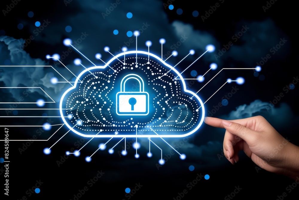 Aufkleber hand pointing to glowing cloud lock on digital interface symbolizes data security focus