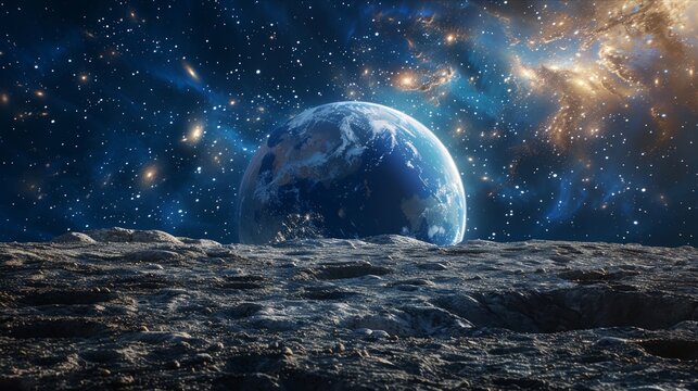 Breathtaking view of Earth rising over the lunar surface from moon perspective