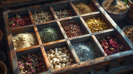 there are many different types of spices in a wooden box