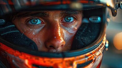 closeup face of race driver in safety helmet.