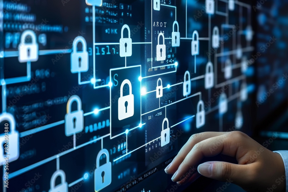 Poster hand holding glowing digital lock on blue interface represents secure data access
