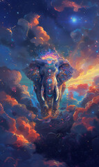 there is a painting of an elephant that is flying through the sky